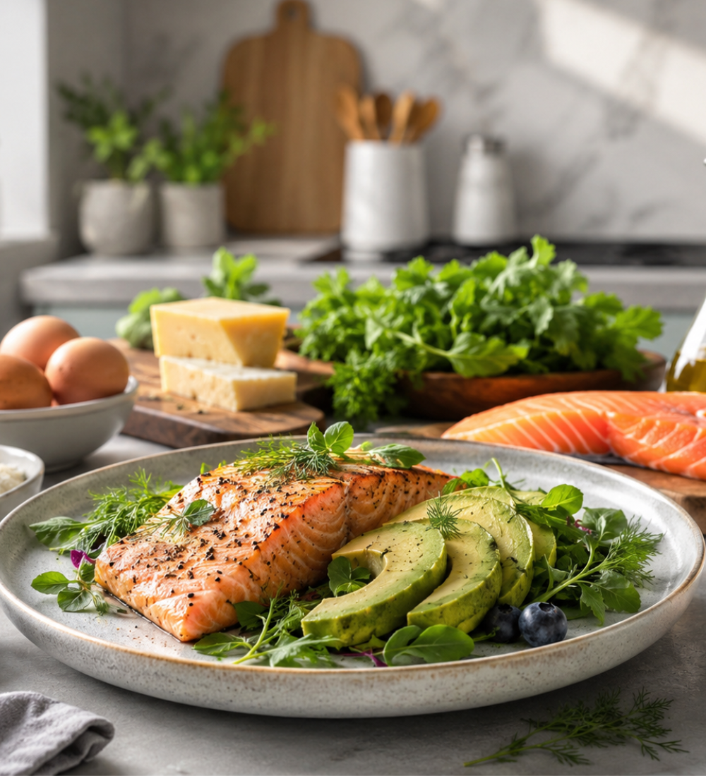 Keto recipe kitchen scene with low carb ingredients