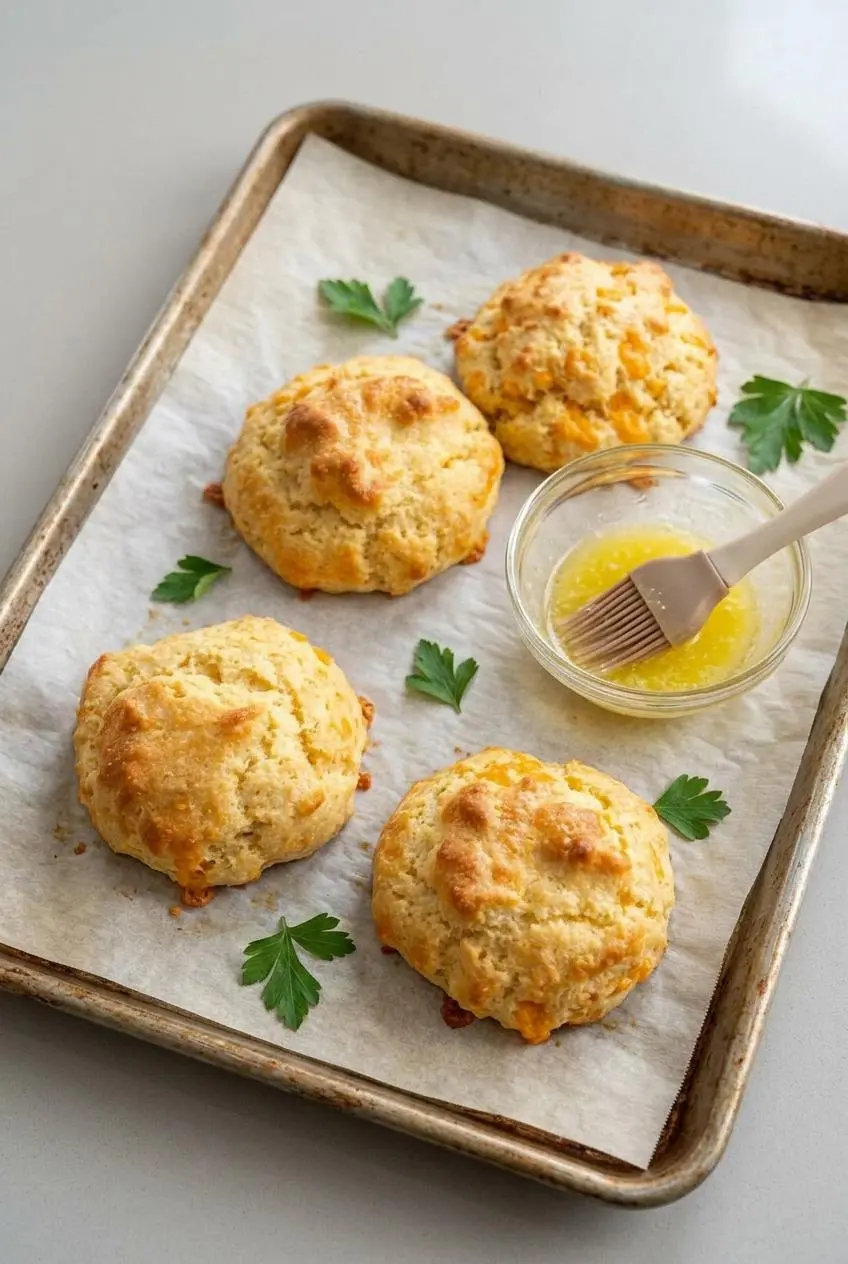 Cheddar garlic keto biscuits on a baking sheet with a small bowl of melted garlic butter and a pastry brush.