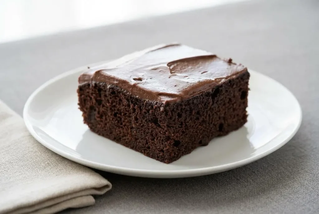 Chocolate keto cake with smooth, glossy chocolate frosting, baked in a square glass dish and cut into nine servings.