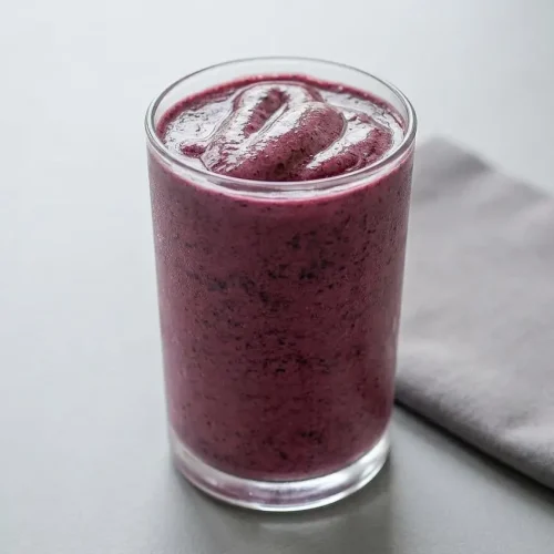 A finished blueberry keto smoothie in a glass, looking thick, creamy, and refreshing.