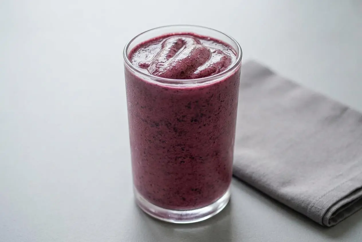 A finished blueberry keto smoothie in a glass, looking thick, creamy, and refreshing.