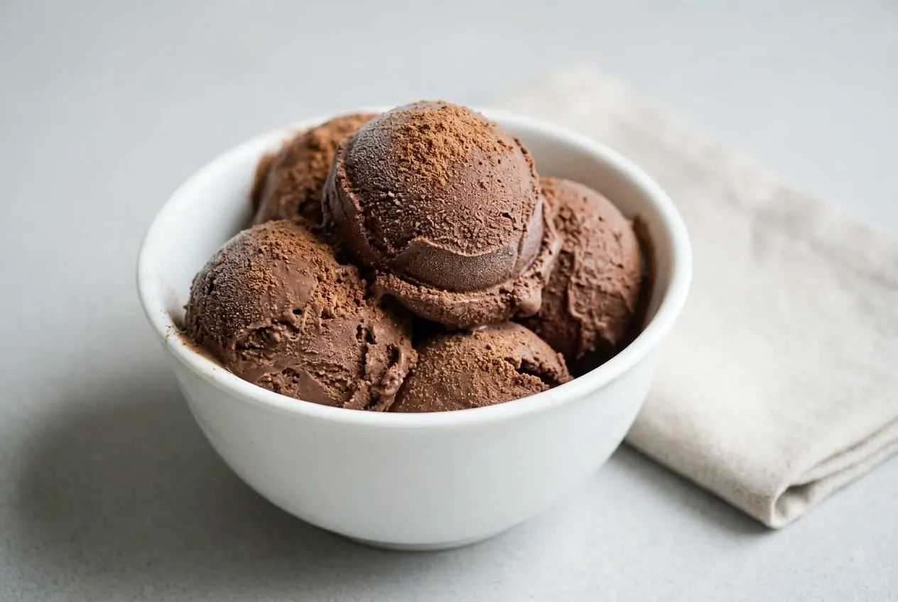 A loaf pan filled with rich, scoopable keto ice cream, showing a smooth, creamy dark chocolate texture.