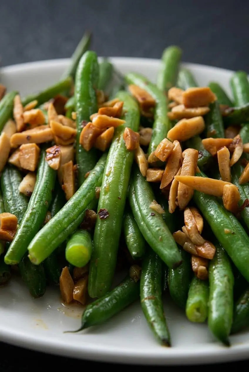 Extreme close-up of vibrant green beans coated in butter, showing the texture of golden slivered almonds and a hint of red pepper flake.
