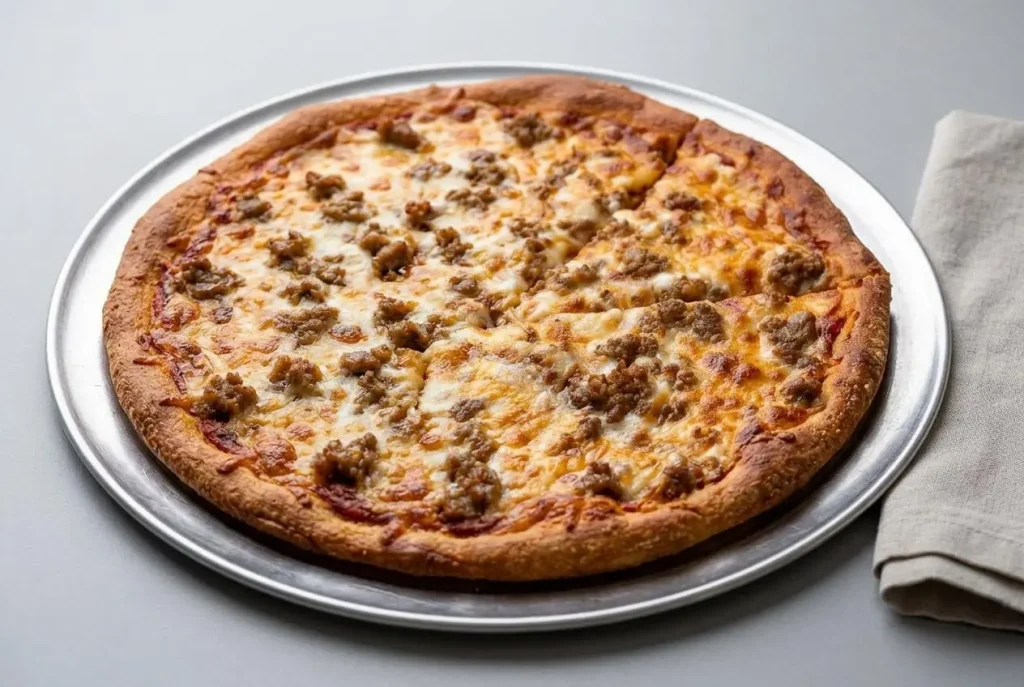 A slice of keto pizza crust with Italian sausage and melted cheese being lifted from a dark pan, showing its sturdy, golden-brown edge.