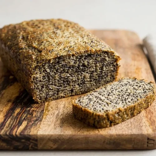 A loaf of easy Keto Bread made with almond flour, sliced to show the moist, seedy crumb, resting on a wooden board.