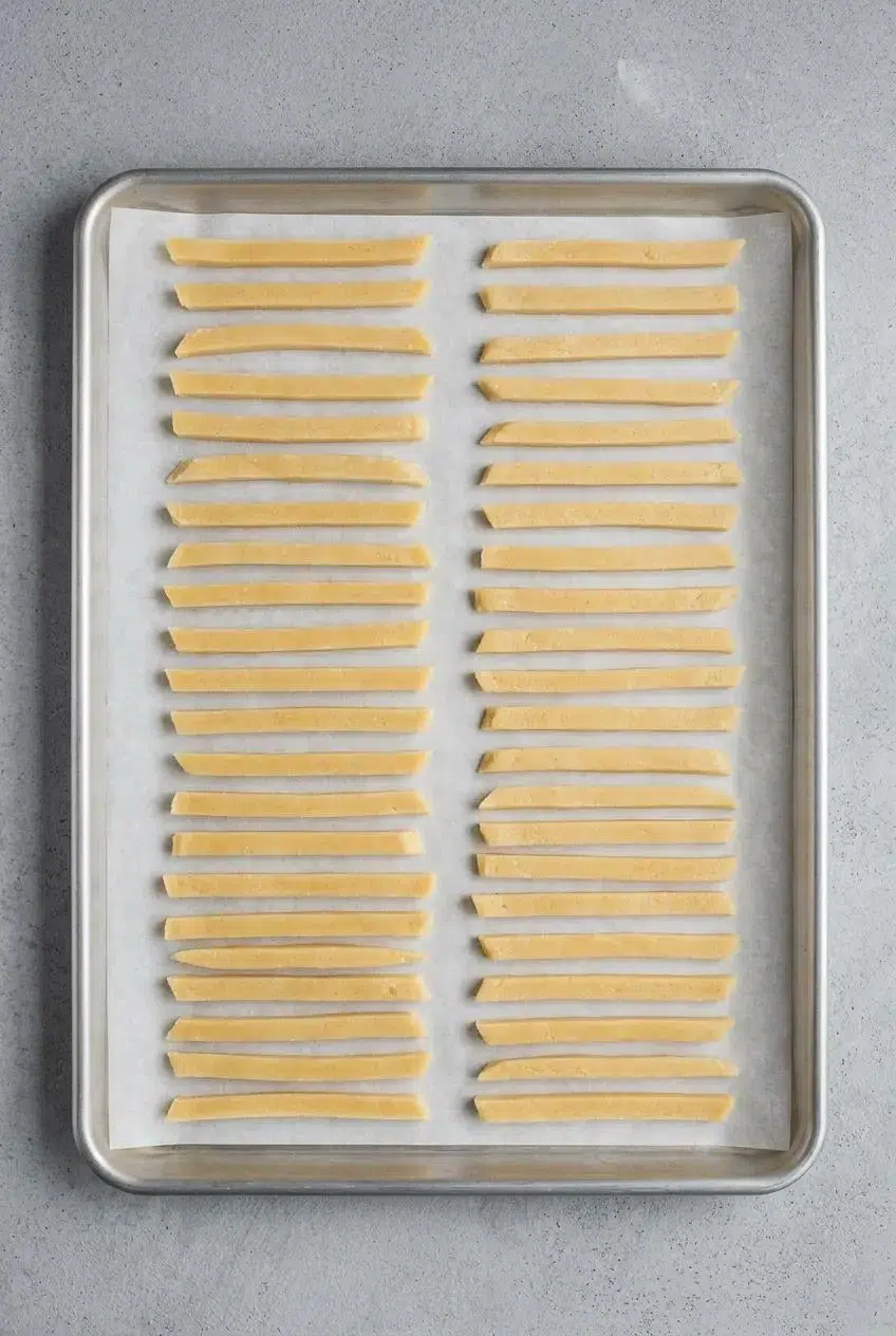 Uncooked keto fry dough cut into strips and arranged in a single layer on a parchment-lined baking sheet before freezing.