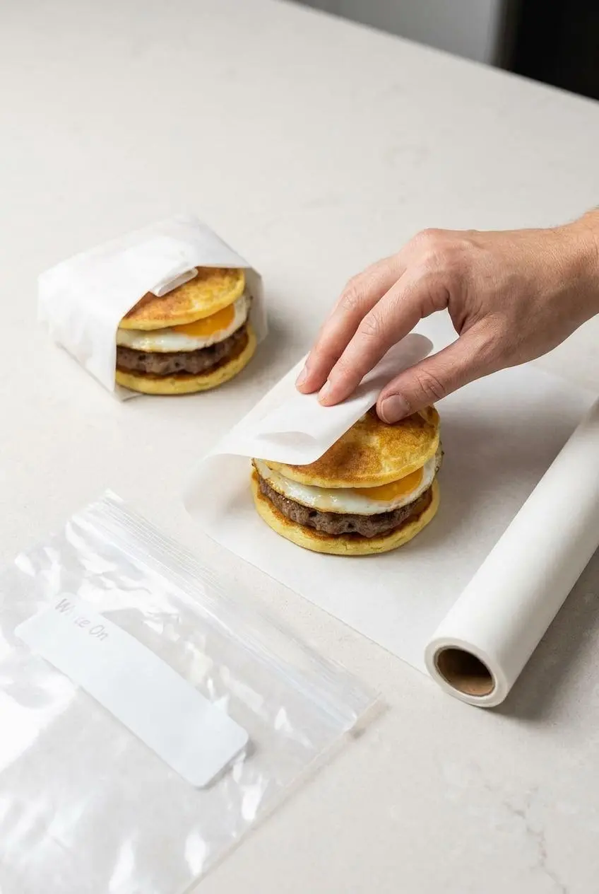 A person wrapping an assembled low carb pancake sandwich in white parchment paper on a countertop, demonstrating how to prepare it for
