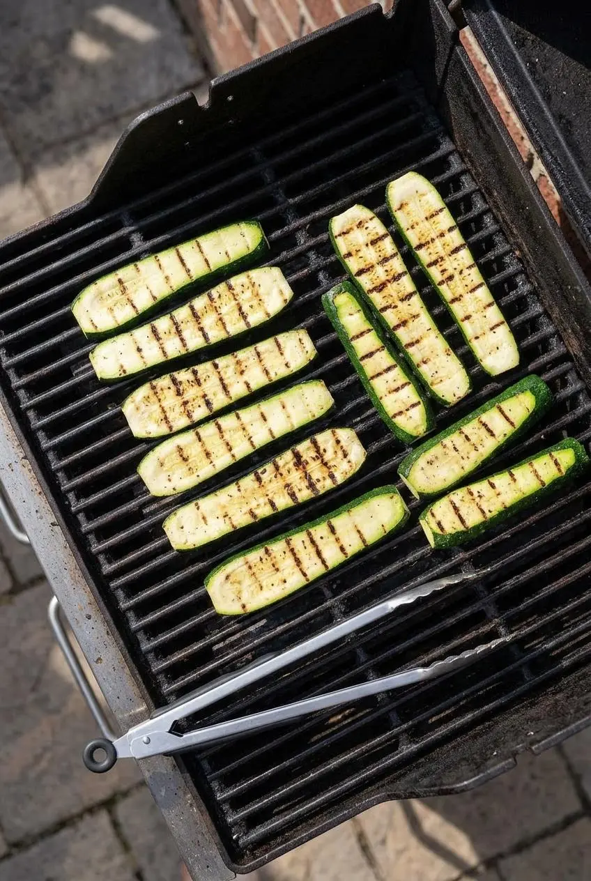 Long, thin slices of fresh zucchini cooking on a grill, showing dark char marks as they release moisture.