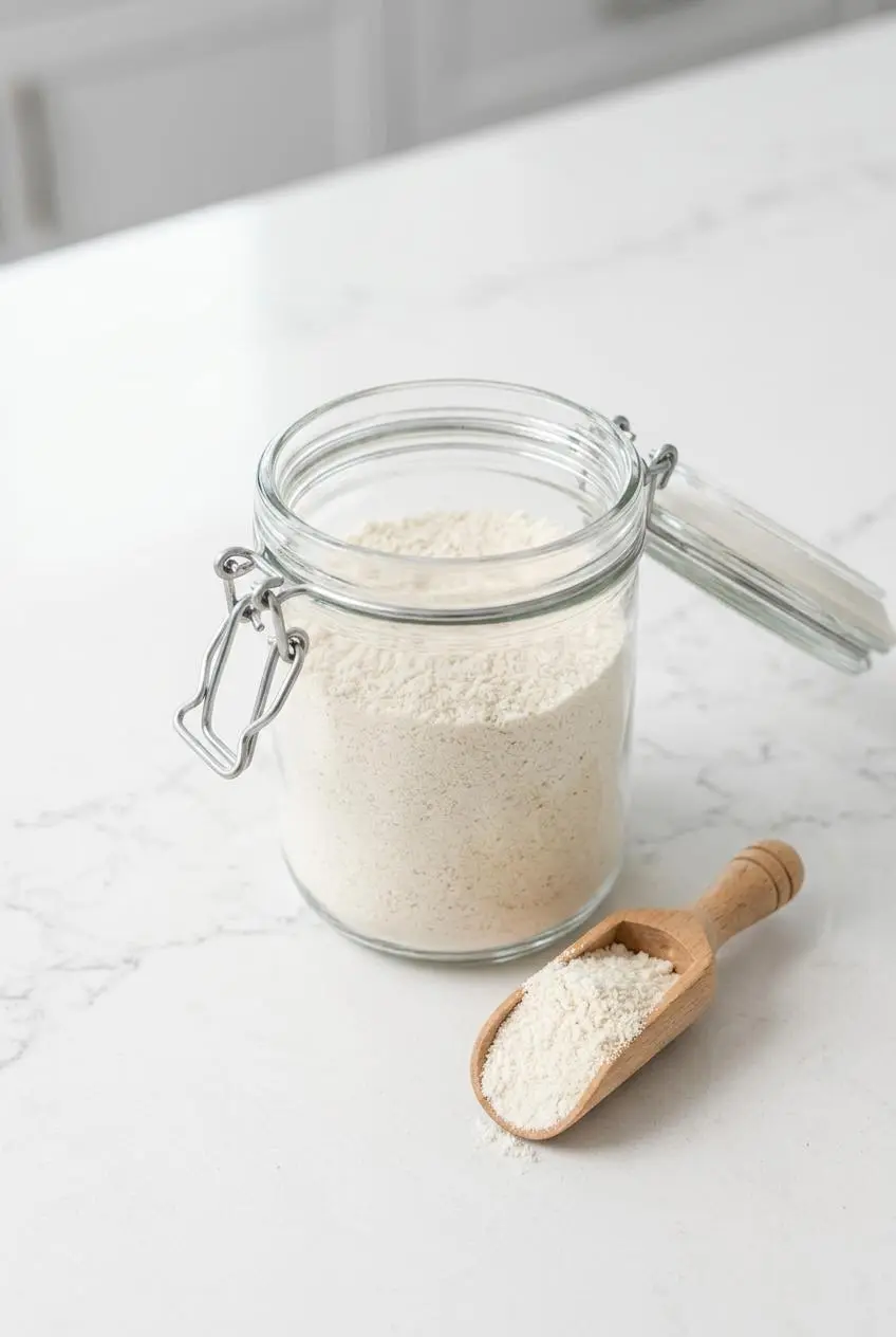 An open glass jar filled with fine, off-white keto coffee creamer powder, with a wooden scoop of powder resting beside it on a light
