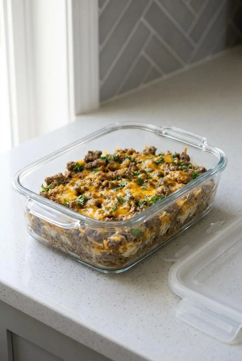 Unbaked keto ground beef casserole layered in a rectangular glass container, ready for freezer meal prep.