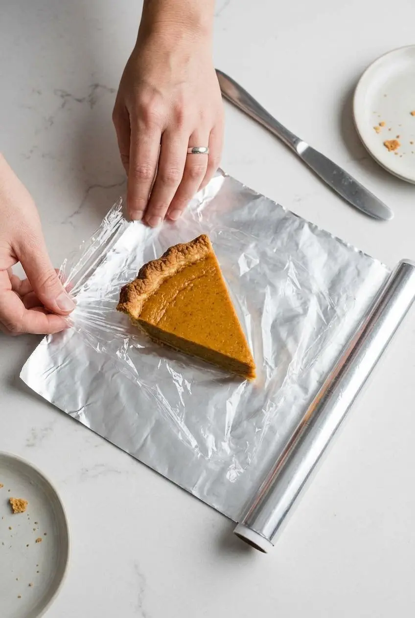 A slice of keto pumpkin pie on a sheet of clear plastic wrap, with aluminum foil nearby, demonstrating how to prepare it for freezing.