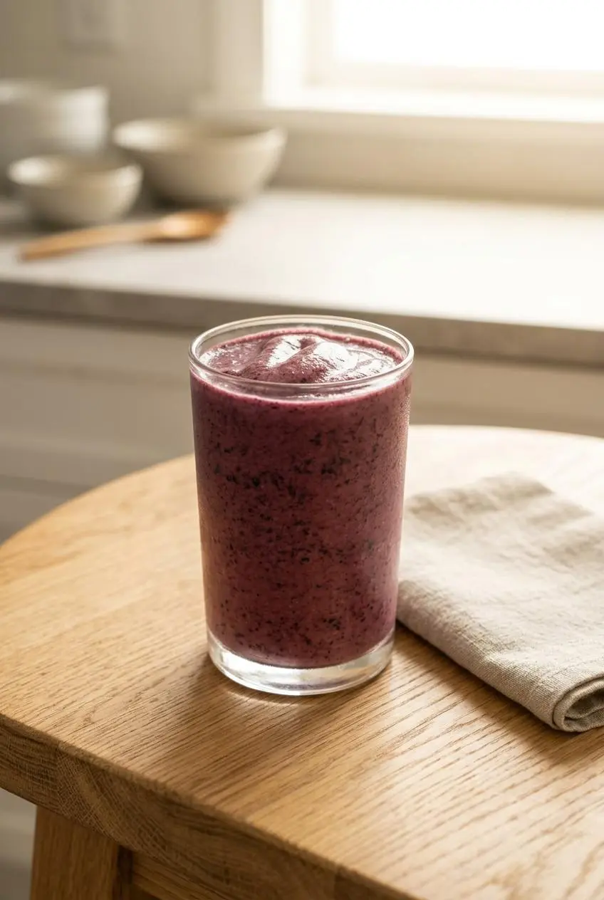 A purple keto smoothie in a glass on a wooden table, set for a bright, healthy breakfast.