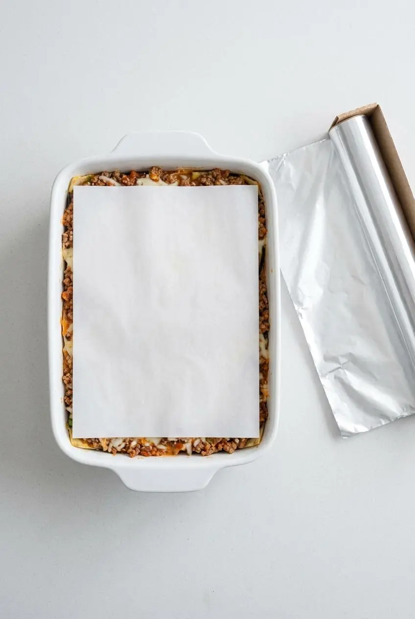 An unbaked keto eggplant lasagna in a white baking dish, covered with parchment paper with a roll of aluminum foil beside it, ready for