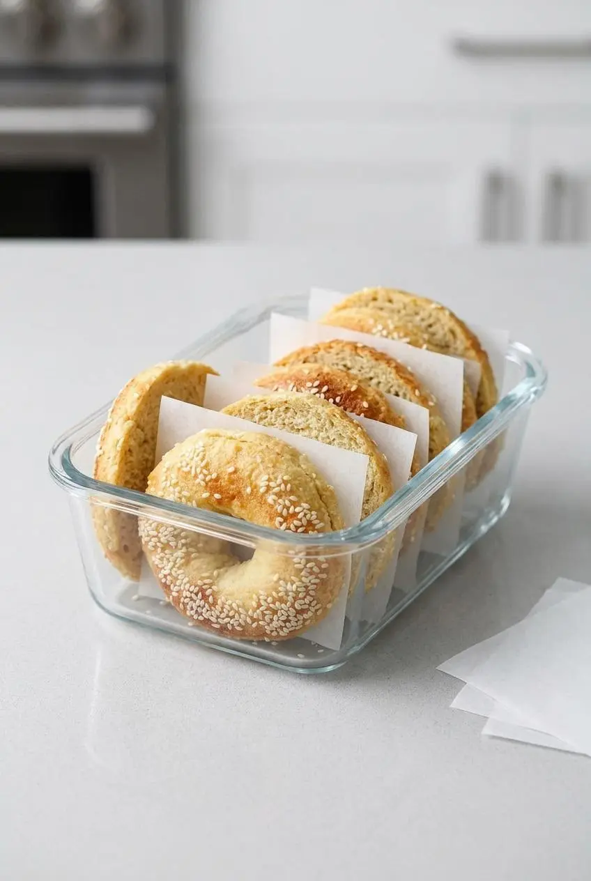 Sliced keto bagels layered with small squares of parchment paper inside a clear glass container, ready for freezing.