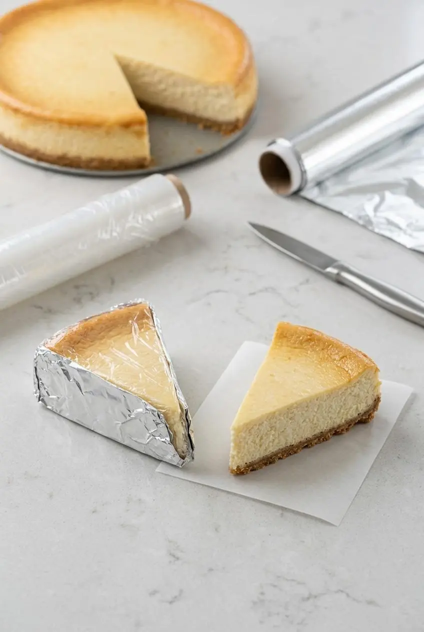 A slice of keto cheesecake tightly wrapped in plastic wrap and aluminum foil, ready for the freezer, on a kitchen counter.