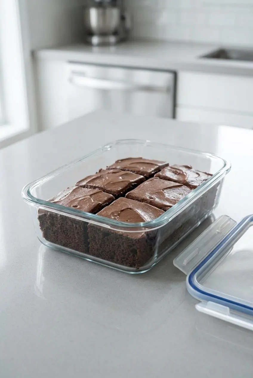 Slices of frosted chocolate keto cake arranged in a single layer inside a rectangular glass container for storage.