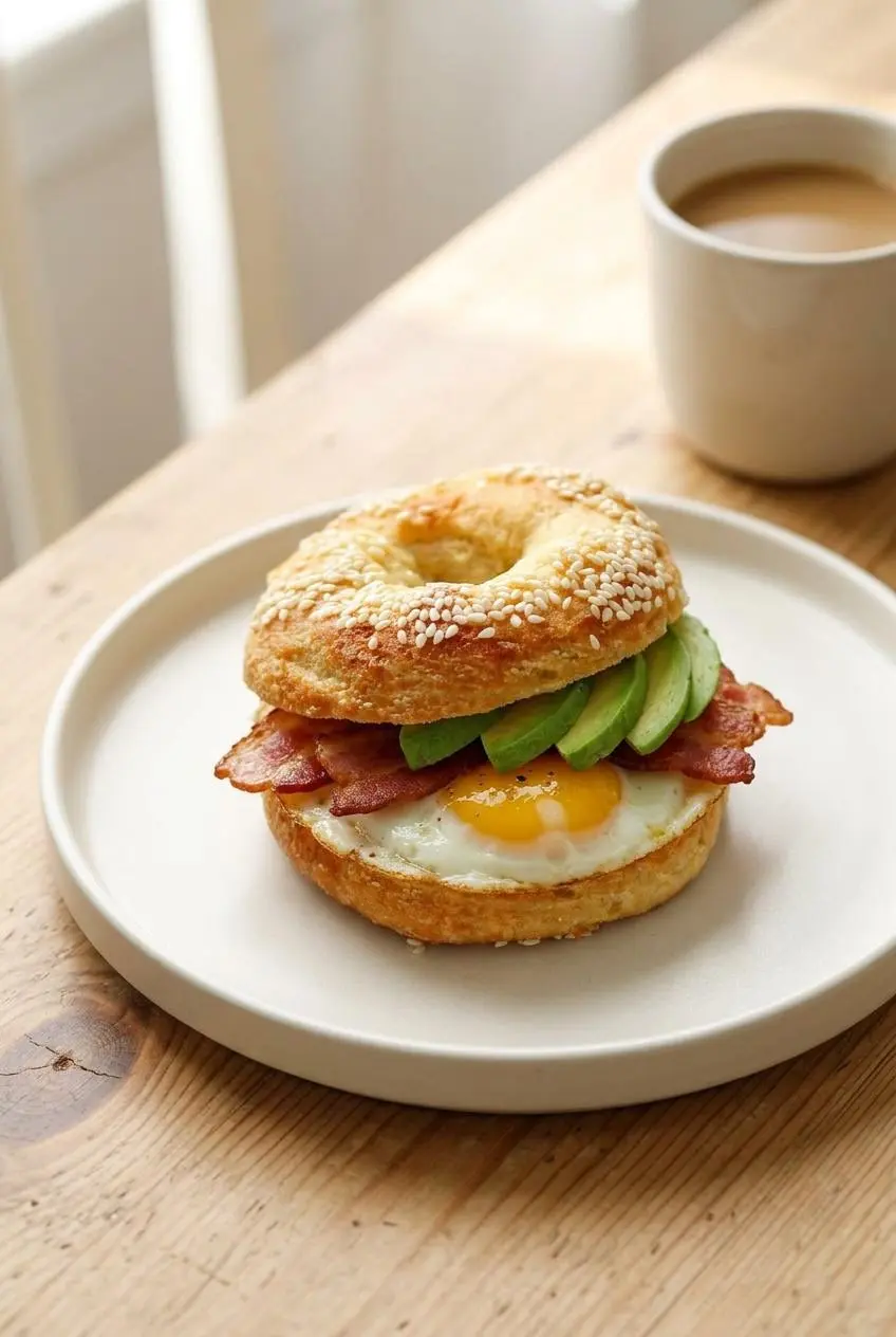 A keto bagel breakfast sandwich on a white plate, filled with a fried egg, crispy bacon, and fresh avocado slices.