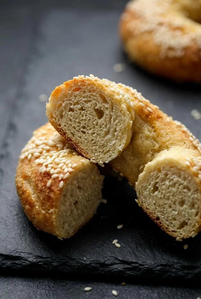A close-up, cross-section view of a sliced keto bagel, showing the dense and chewy interior crumb structure.