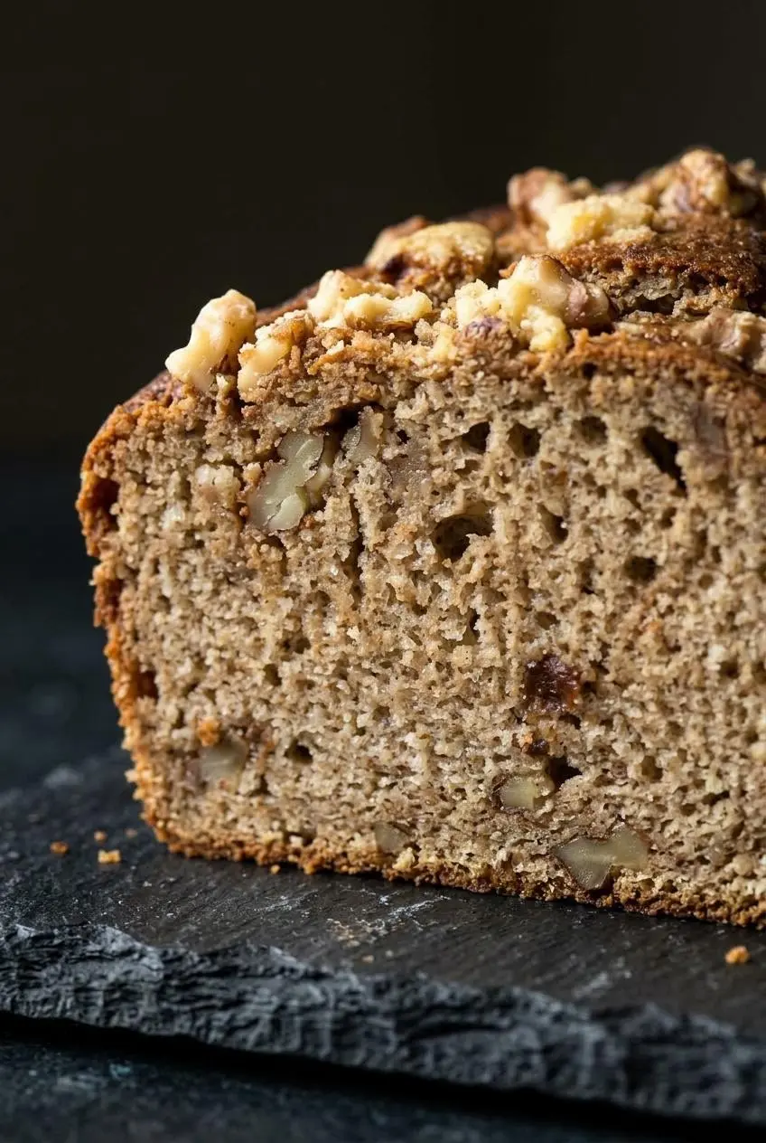 A very close-up macro view of a slice of keto banana bread, showing the moist almond flour crumb and a piece of walnut.