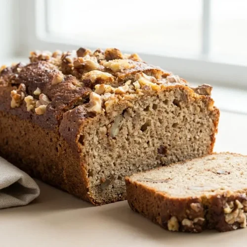 A sliced loaf of keto banana bread with a golden-brown top and moist crumb, topped with crushed walnuts.