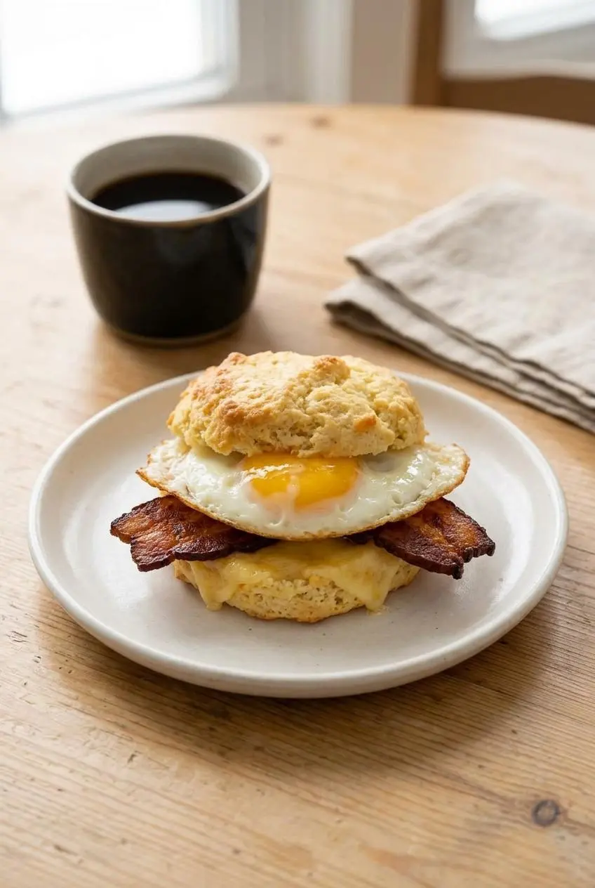 A keto breakfast sandwich on a white plate, made with a split biscuit filled with a fried egg, bacon, and melted cheese.