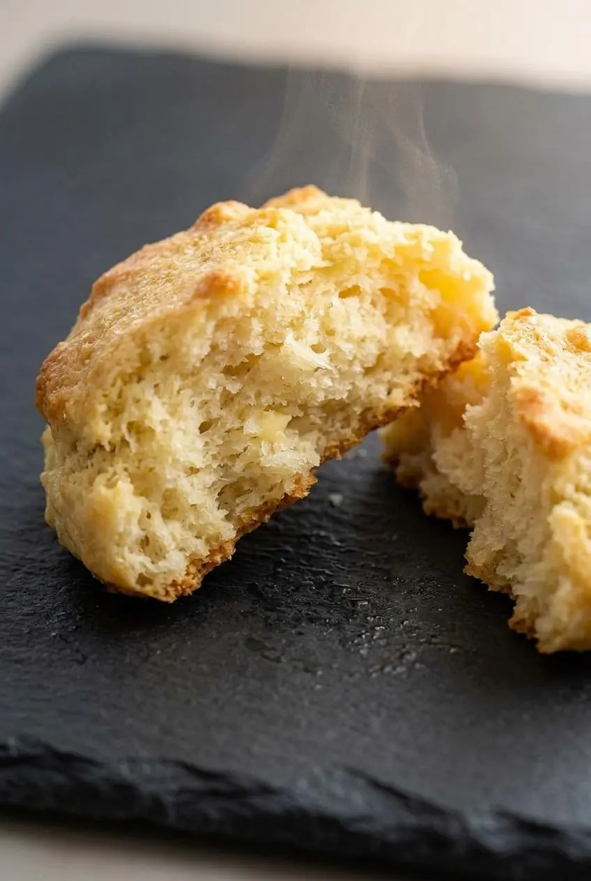 A close-up of a keto biscuit broken in half, revealing a steaming, soft, and fluffy interior crumb.