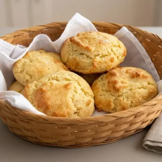 A batch of the finished keto biscuits recipe piled in a wire basket, showing their fluffy texture and golden-brown tops.