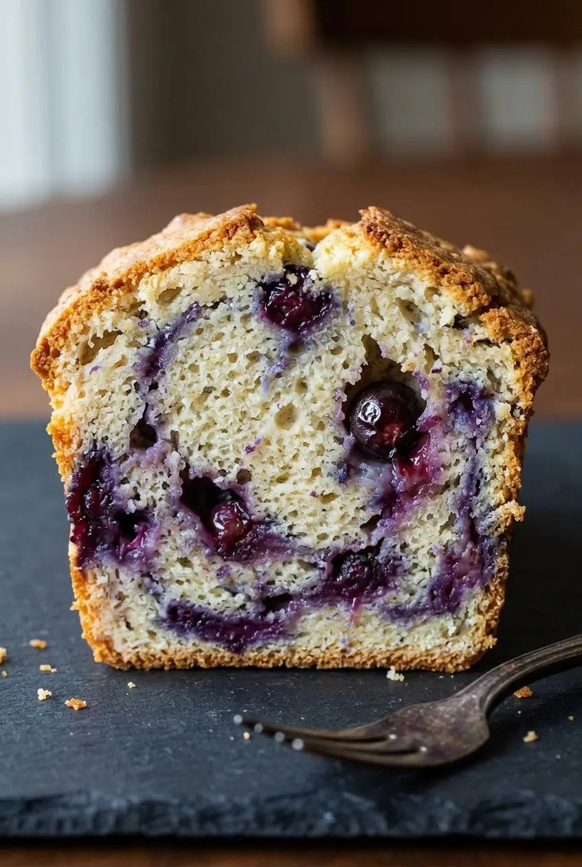 Close-up of a thick slice of keto blueberry bread, showing the moist, tender crumb texture and a juicy, burst blueberry.