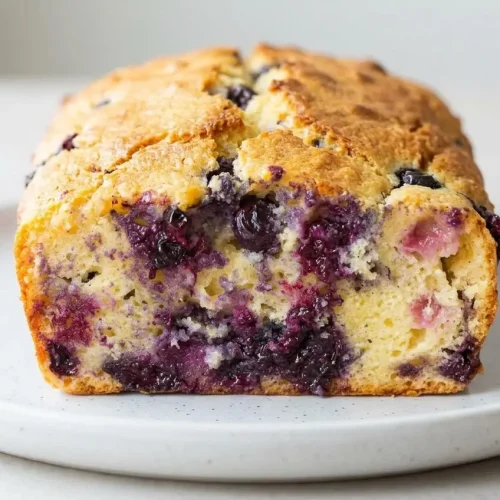 A sliced loaf of keto blueberry bread on a white surface, showing a moist, tender crumb studded with juicy blueberries.
