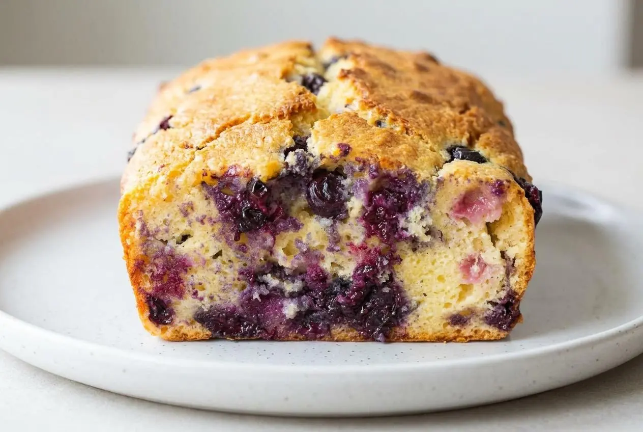 A sliced loaf of keto blueberry bread on a white surface, showing a moist, tender crumb studded with juicy blueberries.