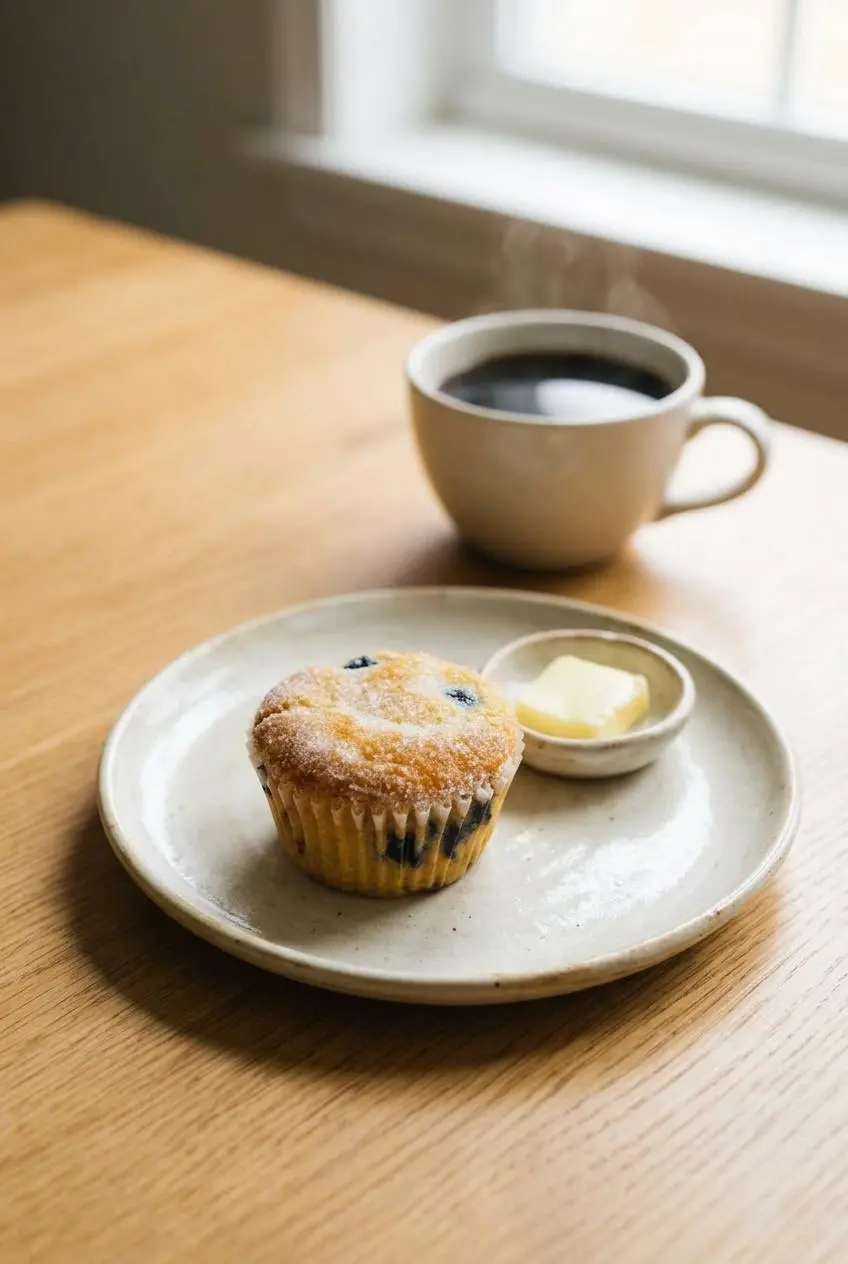 A keto blueberry muffin on a small rustic plate next to a pat of butter, with a cup of coffee in the background for a cozy breakfast.