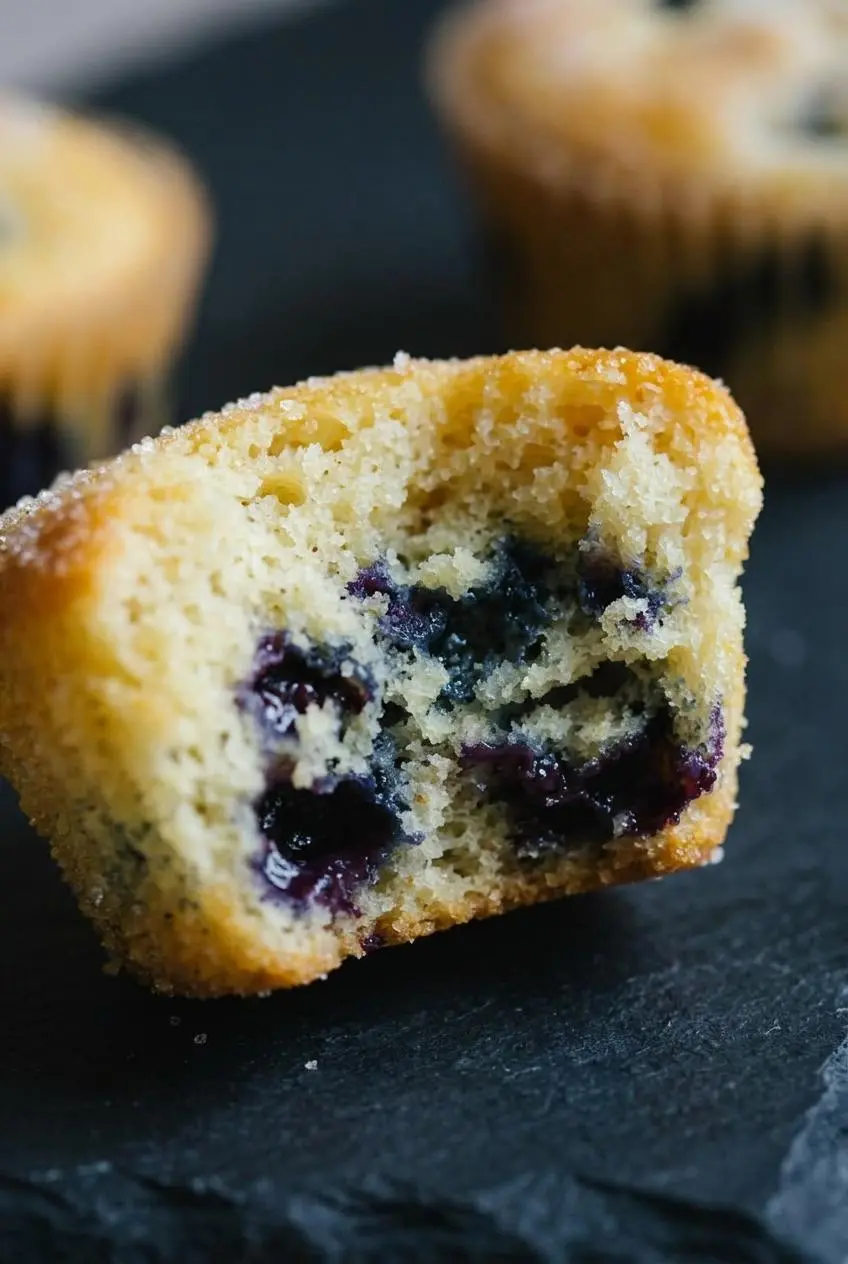 A close-up of a keto blueberry muffin split in half, revealing the incredibly moist and airy almond flour crumb inside.