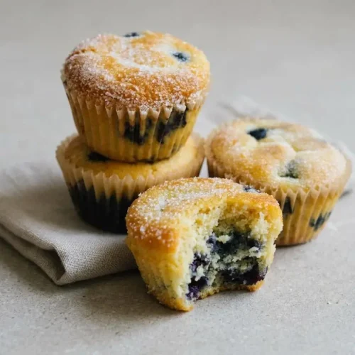 A plate of golden brown keto blueberry muffins with fresh blueberries bursting from the tender crumb.