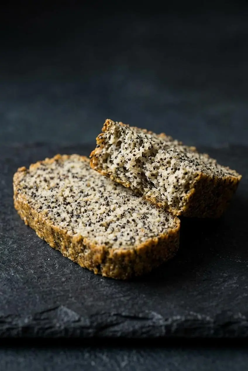 A close-up of a keto bread slice broken in half to show the perfect interior crumb, which is dense and moist but not gummy.