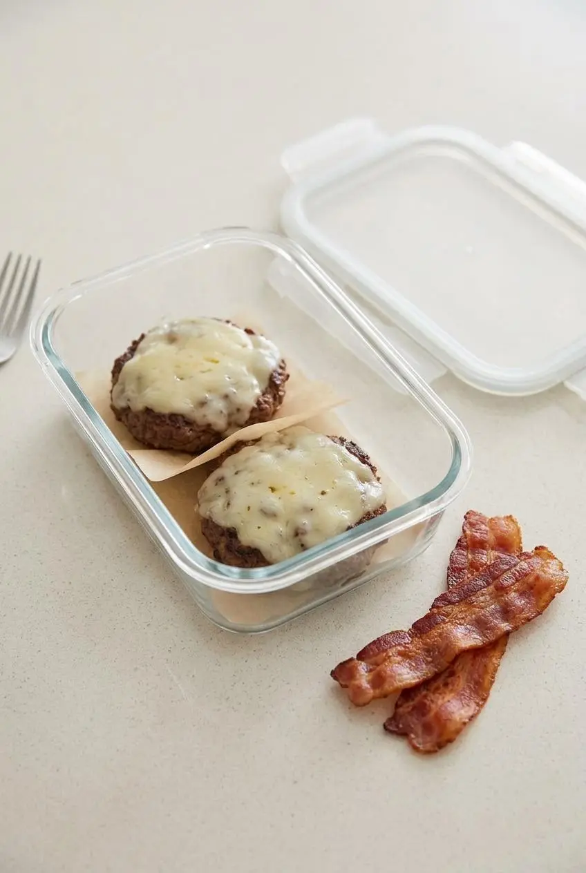Cooked burger patties with cheese and bacon strips arranged in a glass meal prep container for easy keto breakfast prep.