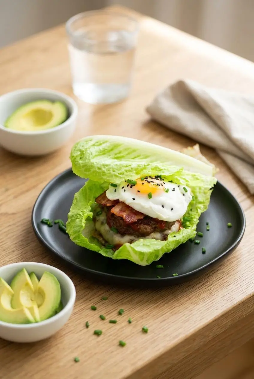 A keto breakfast burger served on a white plate with a side of sliced avocado for a healthy low-carb brunch.