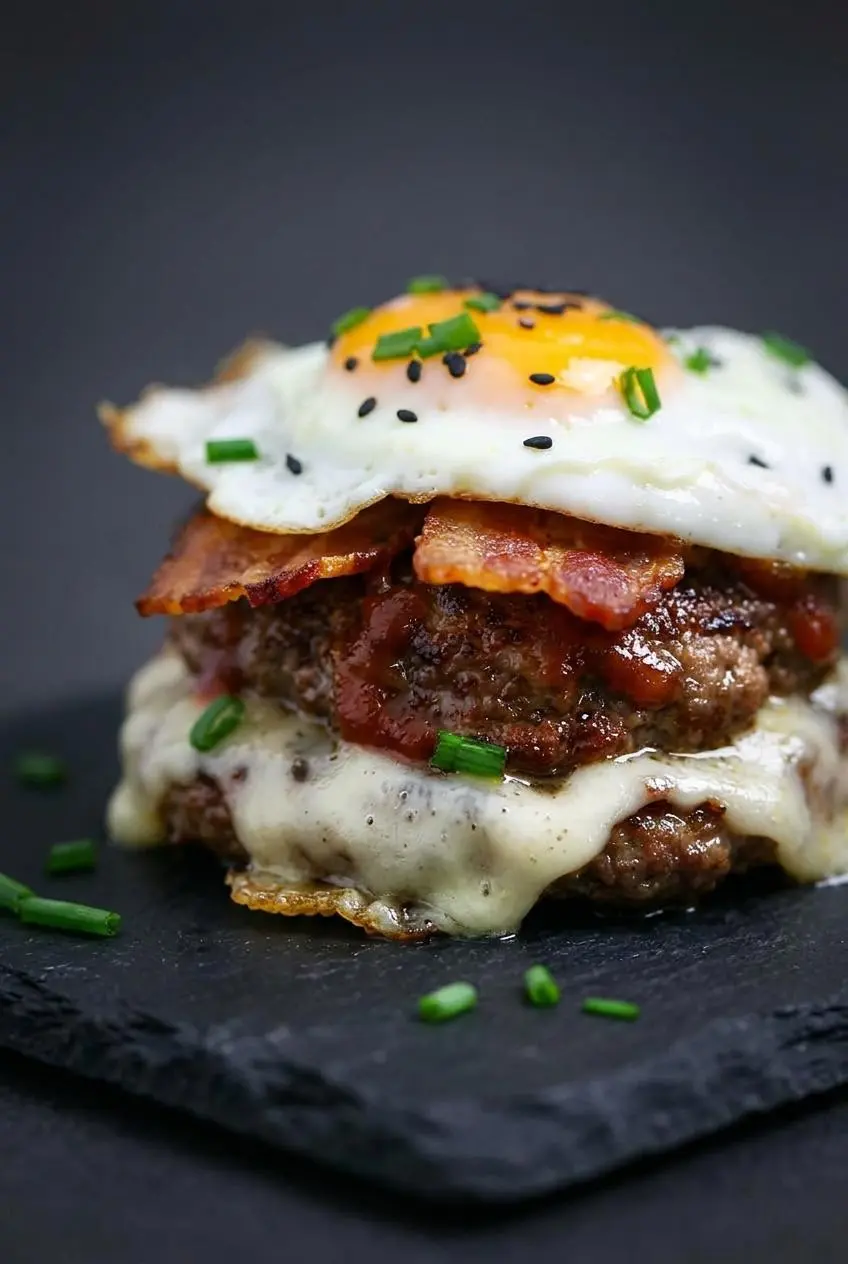 Close-up texture of a juicy keto burger patty with melted Swiss cheese draping over the seared edges.