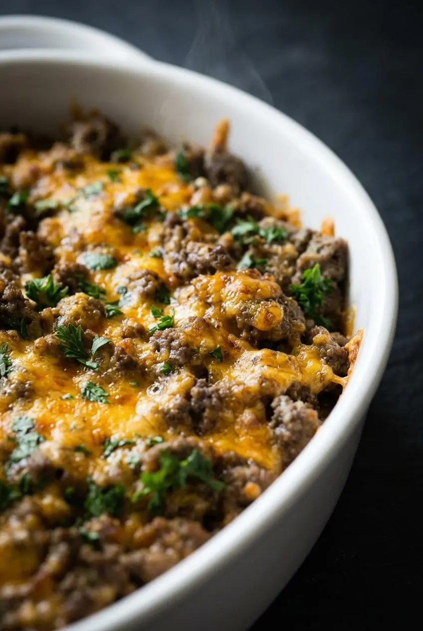 A close-up macro photo of a keto ground beef casserole, showing the bubbly, golden-brown melted cheddar cheese and fresh parsley topping.