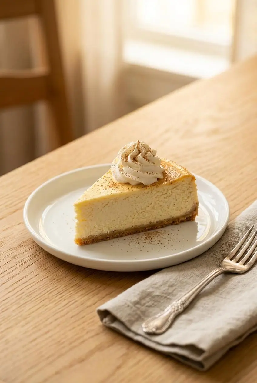 A slice of keto cheesecake served on a white dessert plate, garnished with a dollop of whipped cream and a sprinkle of cinnamon.