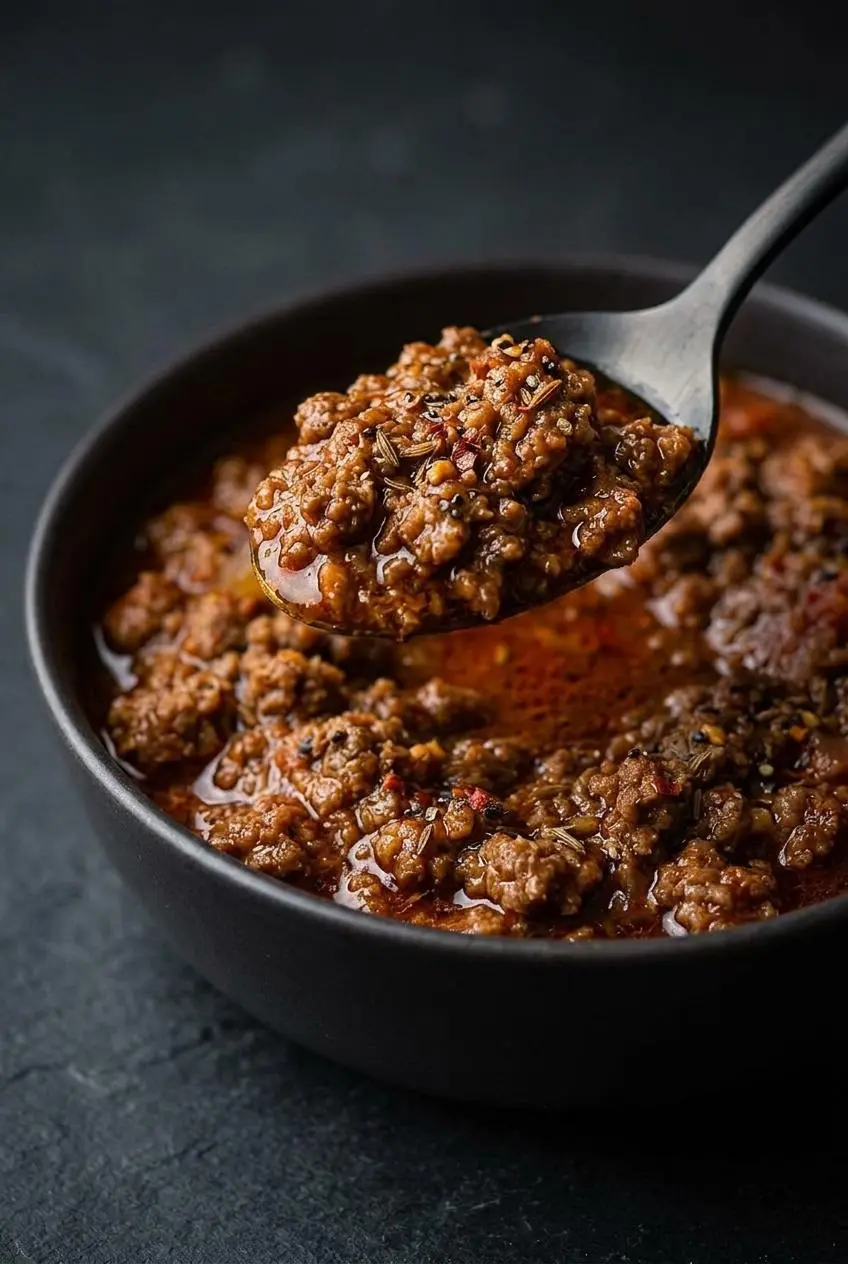 A macro close-up of a spoonful of thick keto chili, highlighting the texture of the ground beef and rich red sauce.