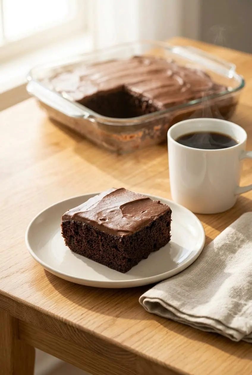 A square slice of chocolate keto cake on an off-white plate, served with a cup of hot coffee on a wooden table.
