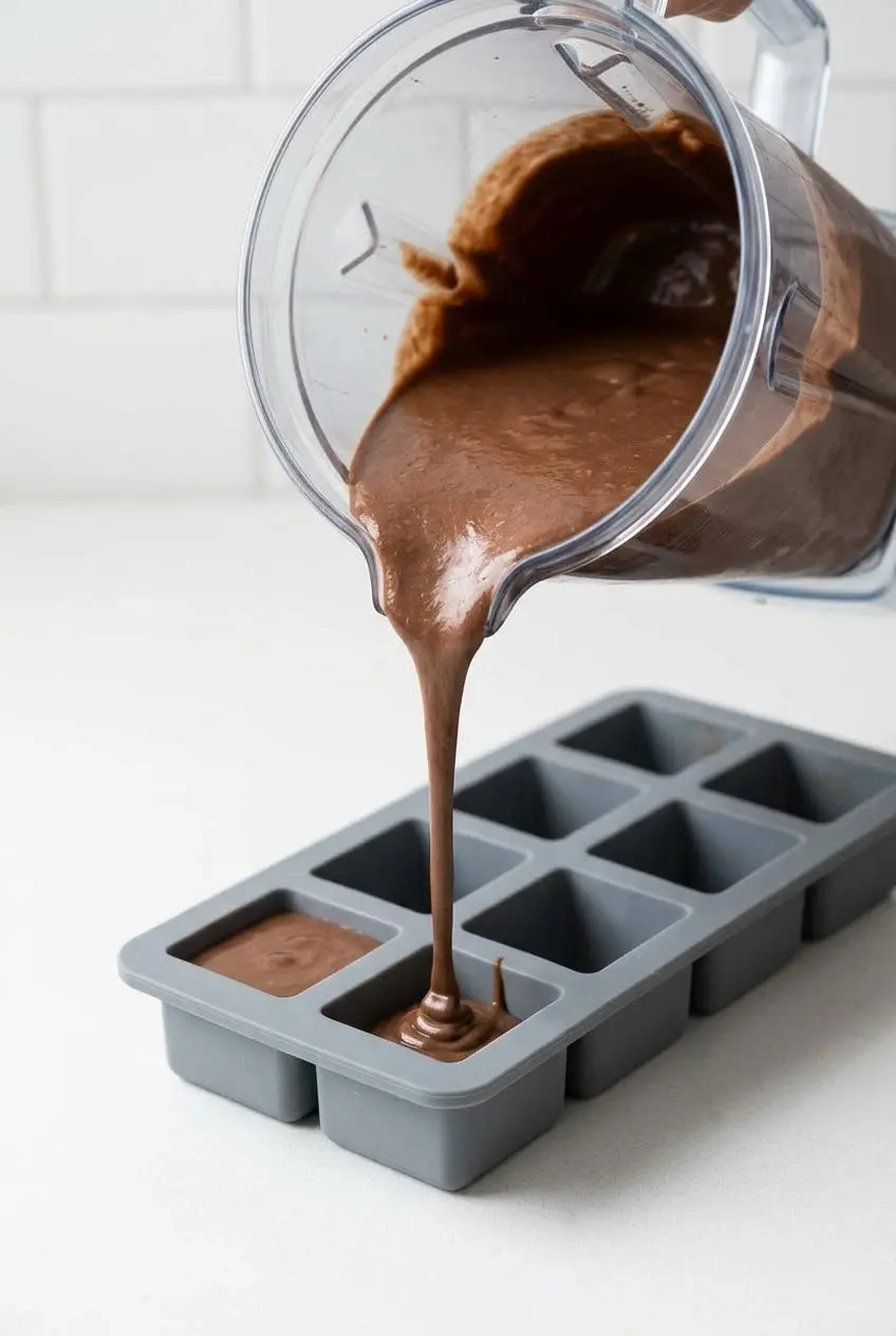 Pouring a thick, smooth chocolate milkshake base from a blender jar into a gray silicone ice cube tray for freezing.