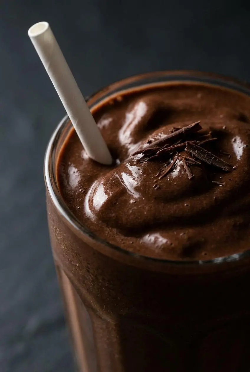 An extreme close-up of a dark chocolate milkshake, showing a thick, velvety texture with soft peaks and dark chocolate shavings.