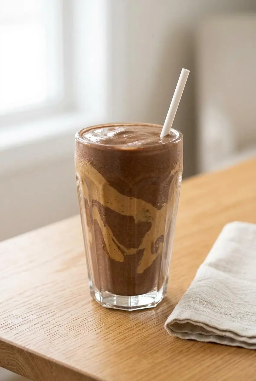 A keto chocolate peanut butter milkshake in a glass with a swirl of peanut butter, sitting on a wooden table in morning light.