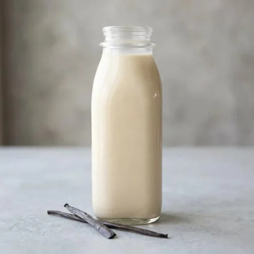 A glass bottle of homemade keto coffee creamer next to a dark mug of coffee, with a creamy swirl forming on the surface as more is poured