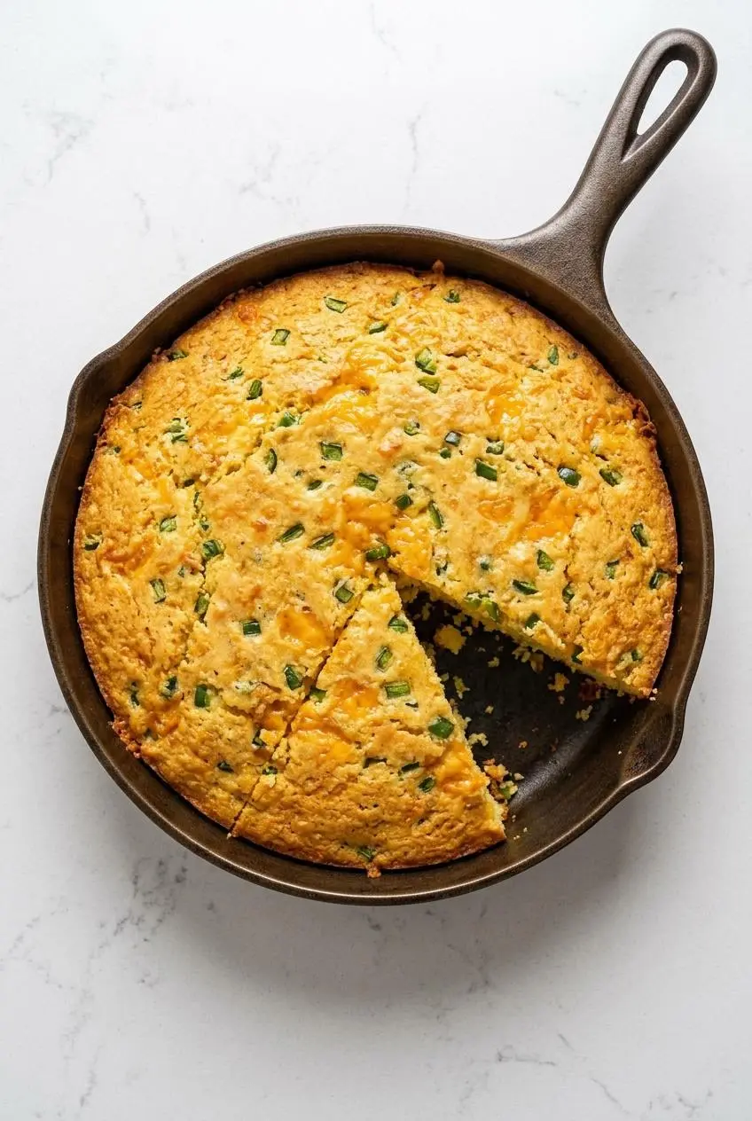Keto cornbread baked in a cast iron skillet with melted cheddar cheese and flecks of green diced jalapeño.