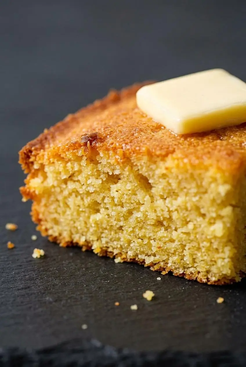 A close-up macro shot of a single wedge of keto cornbread, showing its moist, tender crumb and golden-brown top crust.