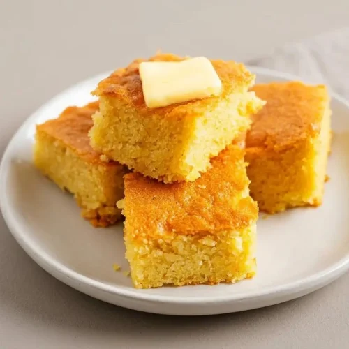 A golden brown keto cornbread recipe baked in a black cast iron skillet, with one slice cut to show the tender interior.