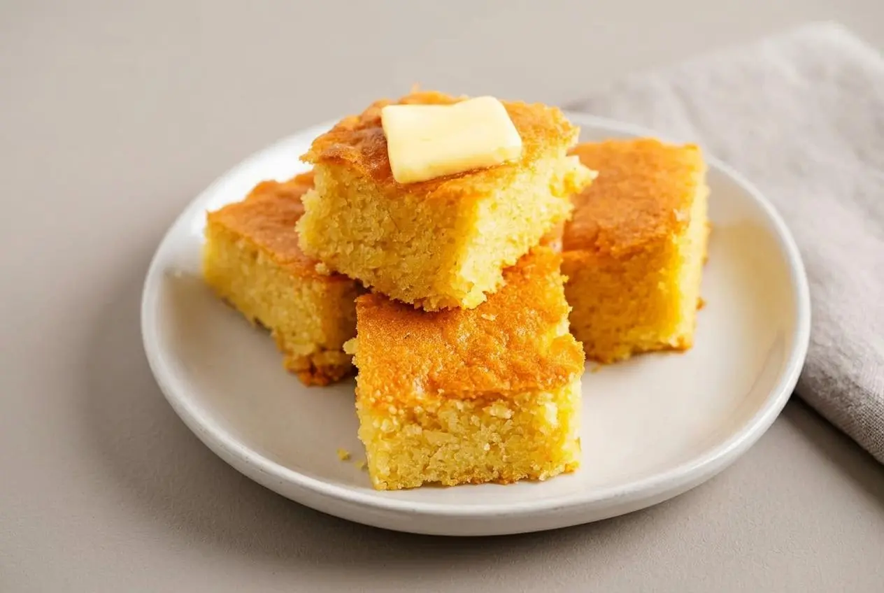 A golden brown keto cornbread recipe baked in a black cast iron skillet, with one slice cut to show the tender interior.