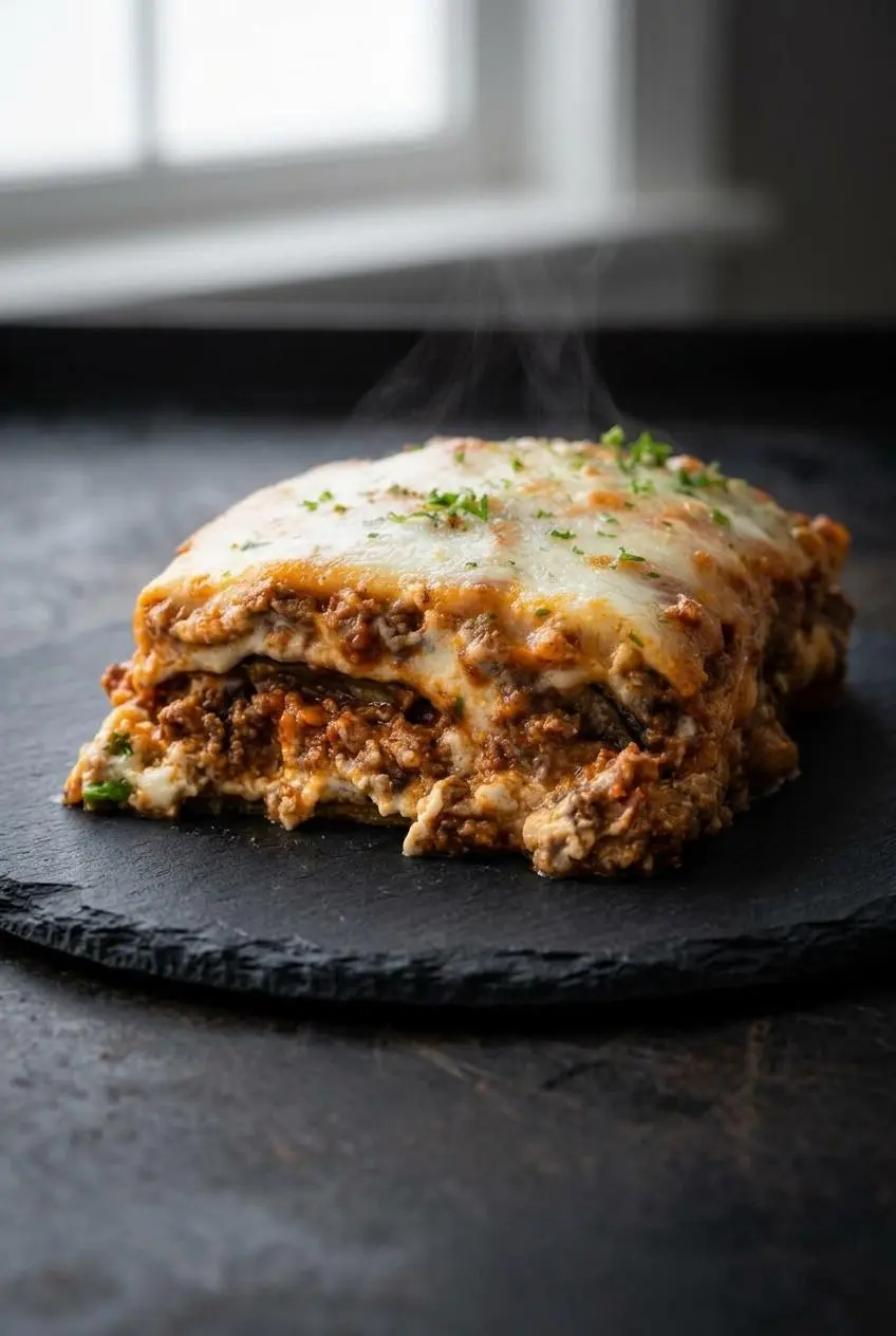 A close-up side view of a slice of eggplant lasagna, showing the distinct layers of roasted eggplant, rich meat sauce, creamy ricotta, and